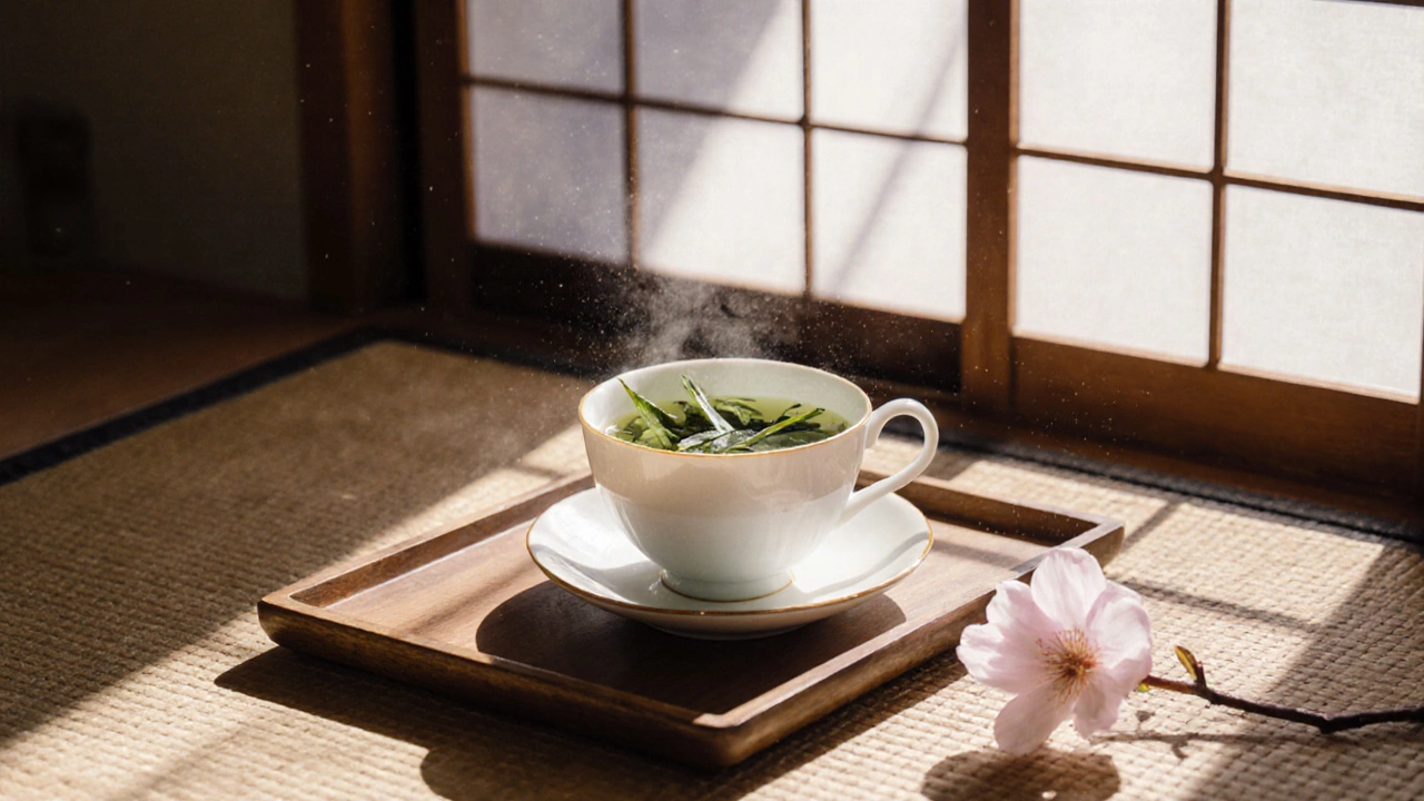 A quiet Japanese tea ceremony with Dragon Well green tea and a cherry blossom on a wooden tray.