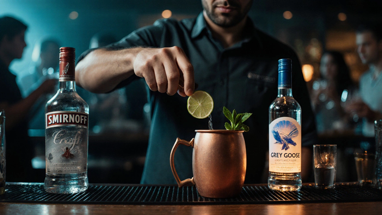 Bartender making a low‑calorie Moscow Mule with three highlighted vodkas.