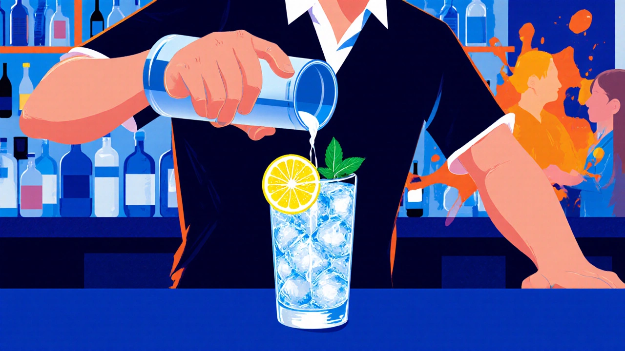 Bartender mixing a vodka lemon cocktail with ice, lemon slice, and mint.