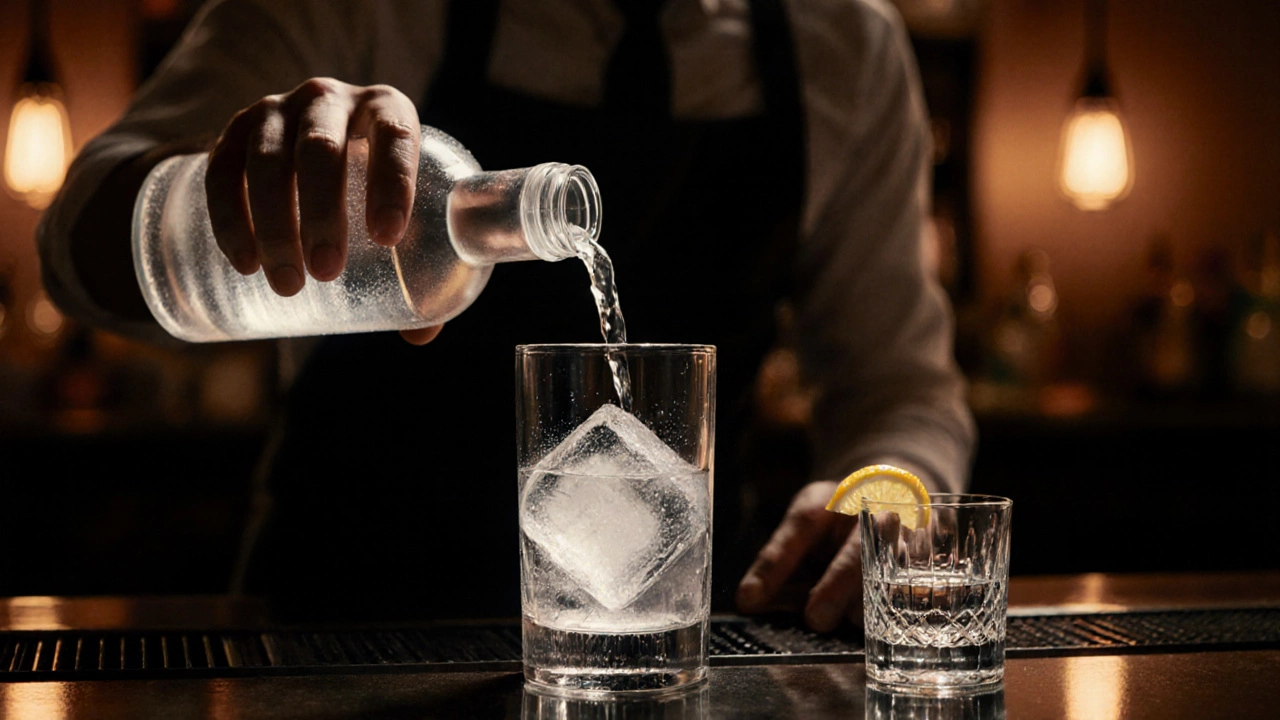 Bartender pouring chilled vodka into a glass with a large ice cube, warm bar ambience.