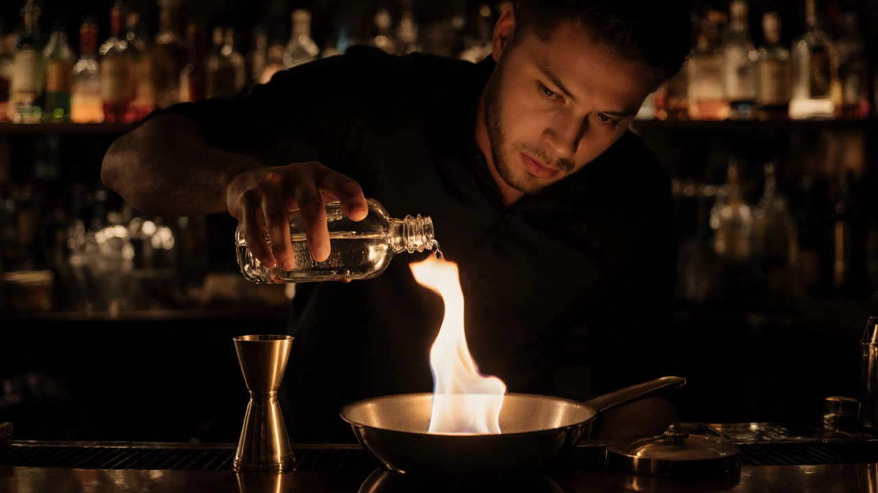 Bartender pouring high‑proof liquor into a pan, flame lighting up the dark bar.