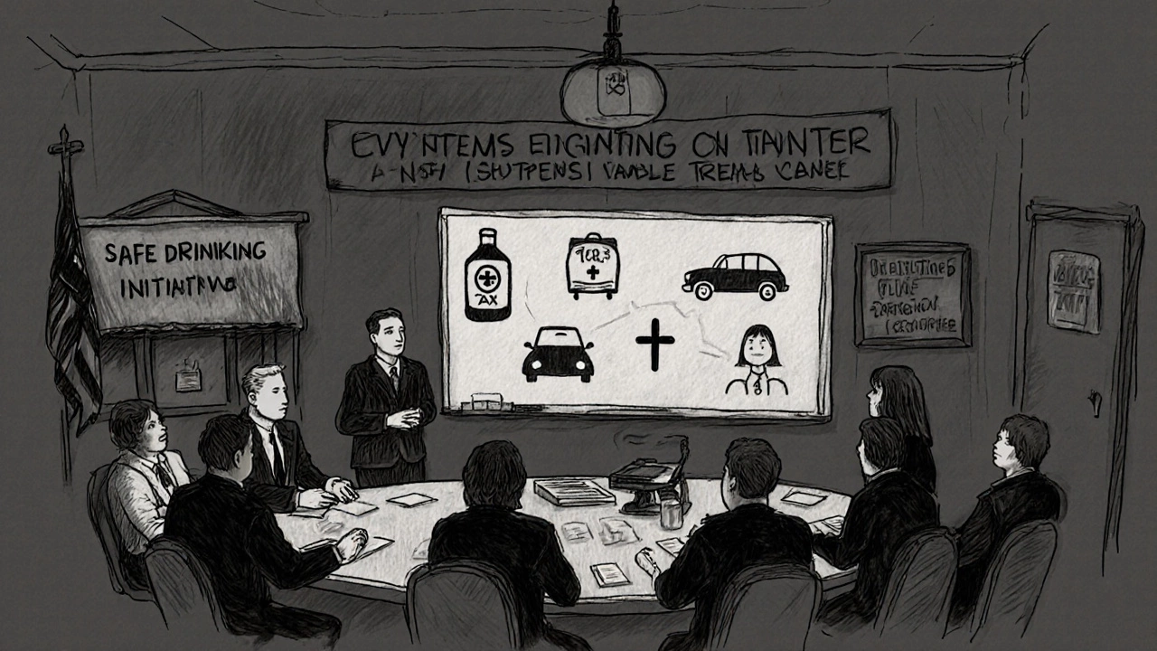 Charcoal sketch of a community meeting discussing alcohol‑policy solutions in New Hampshire.