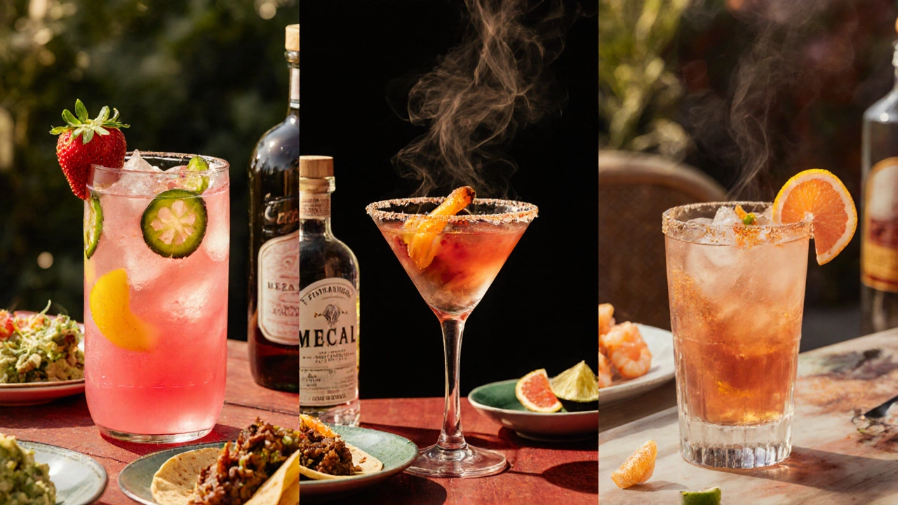 Collage of fruit, spicy, and smoky Margarita variations with tacos and brunch foods.