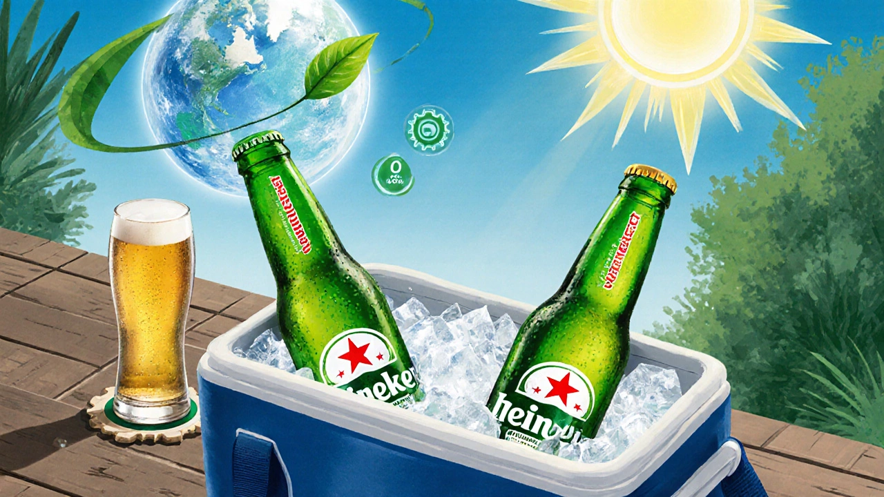 Cooler bag with ice‑chilled Heineken and Stella bottles, sunbeam, and sustainability icons.
