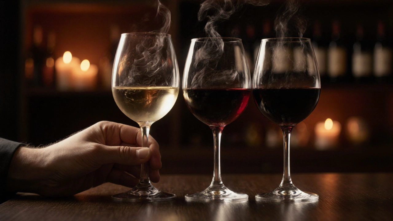 Evening tasting room with three glasses of Pinot Grigio, Pinot Noir and Syrah.