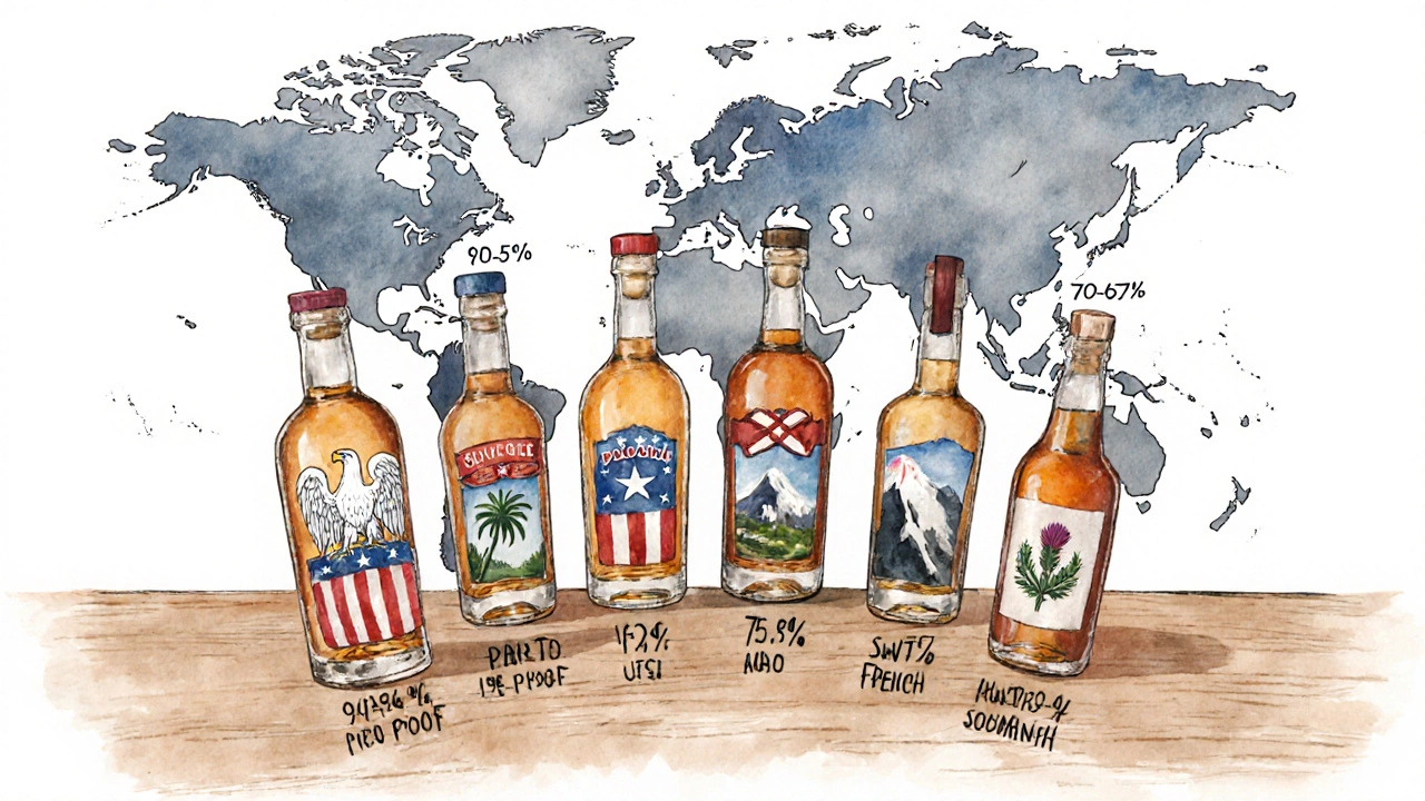 Five spirit bottles from different countries with ABV and proof details on a wooden surface.