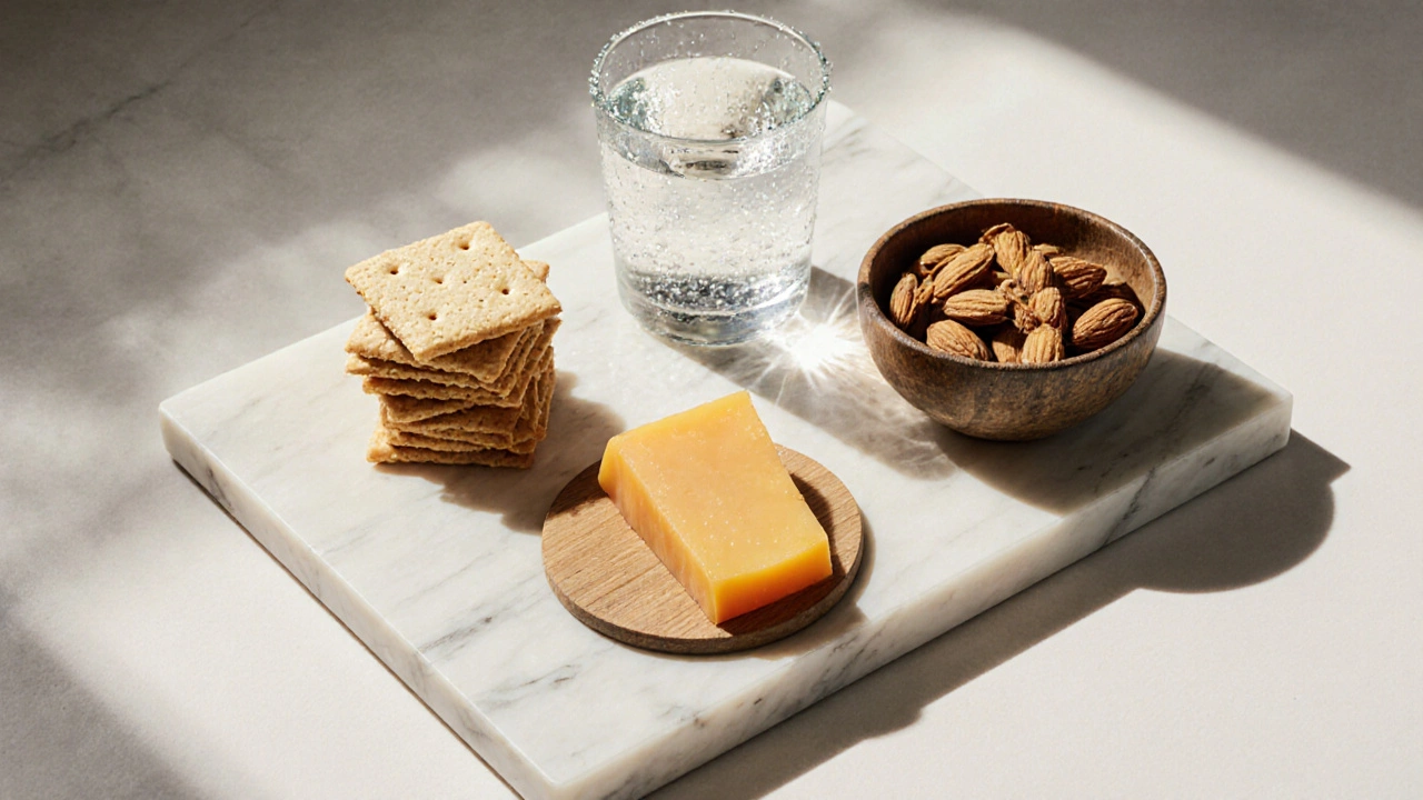 Flat‑lay of water, crackers, mild cheese slice, dried apricots, and almonds on marble.