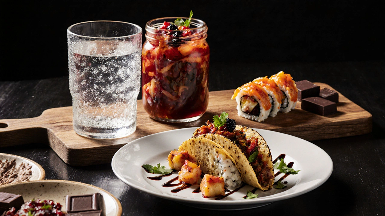 Food board with tacos, sushi, kimchi, dark chocolate, and vodka glasses.