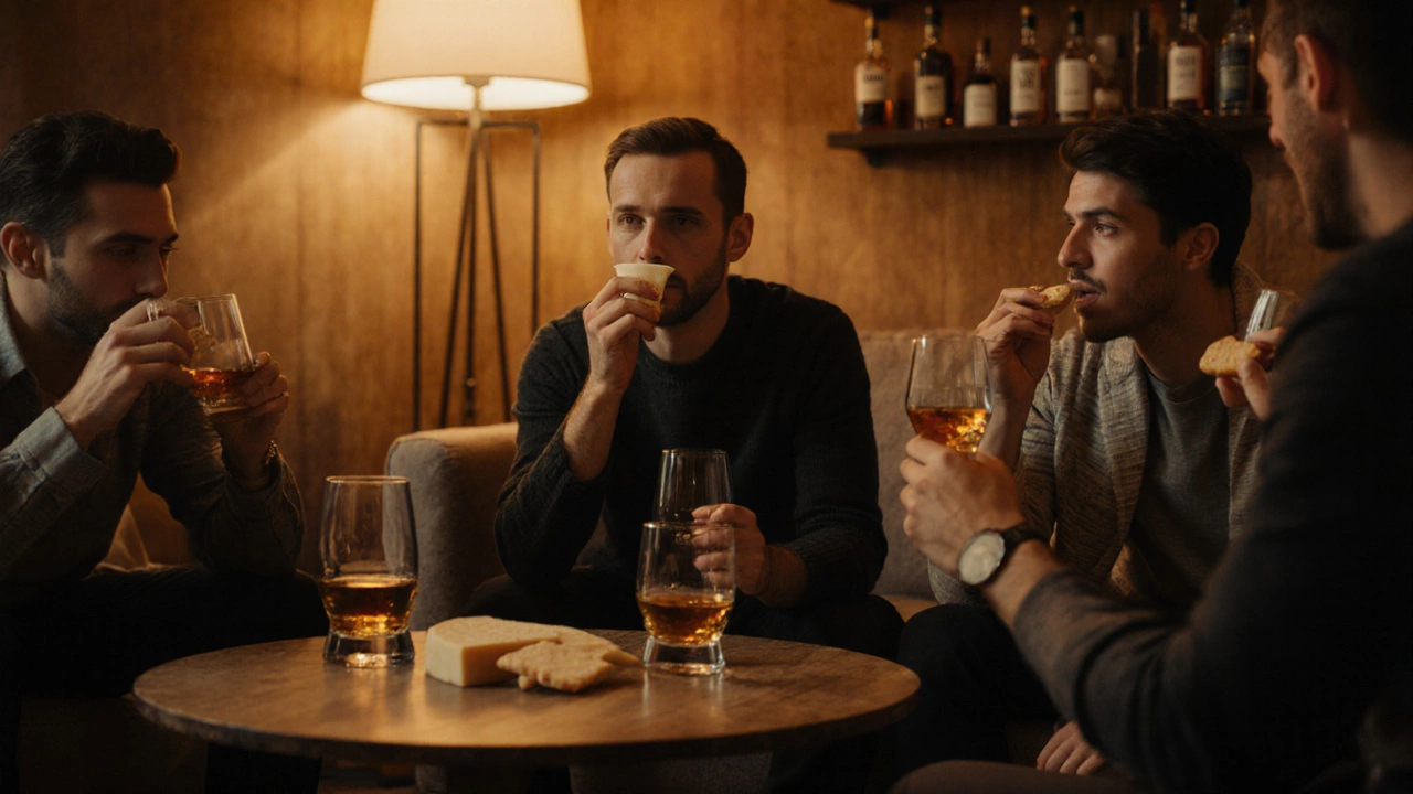 Friends tasting whisky, sipping, then nibbling crackers or cheese in warm lighting.