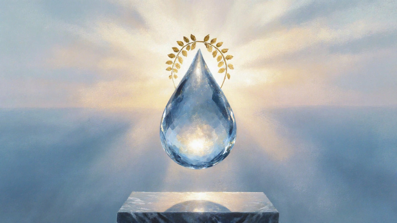 Golden‑crowned water droplet floating against a sunrise sky, symbolizing water’s supremacy.