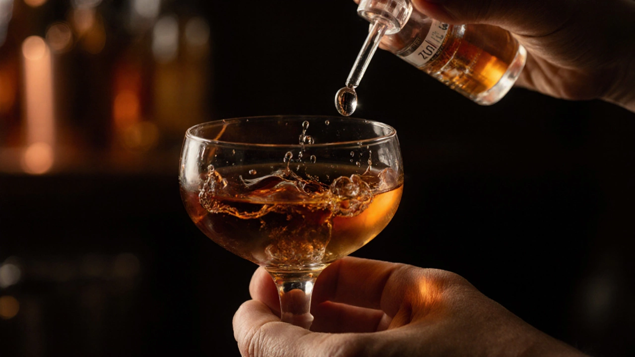 Hand holding a Glencairn glass, swirling whiskey with a water drop about to splash, bar background.