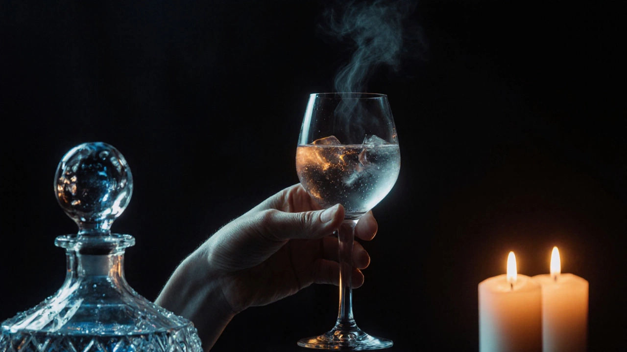 Hand holding a tulip glass of vodka, candlelight highlighting a vapor swirl in a lounge.