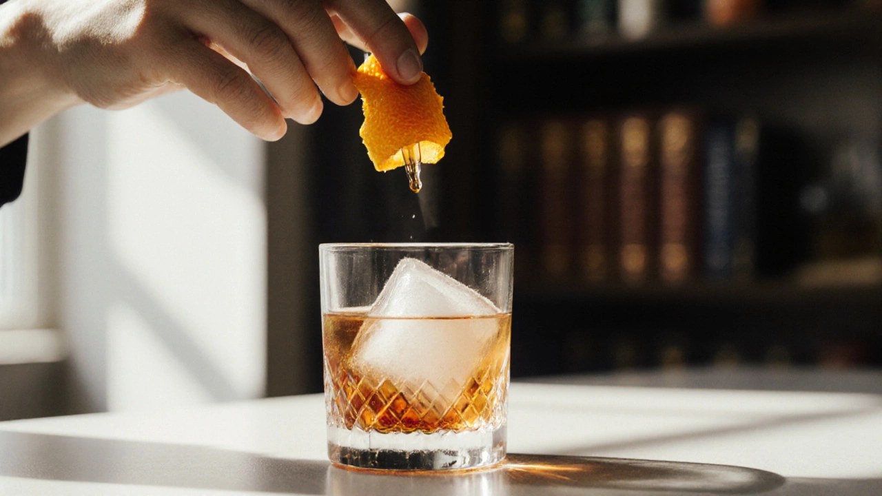 Hand preparing an Old Fashioned with sugar, bitters, and orange peel in natural light.