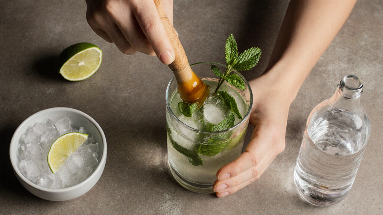 Hands preparing a Virgin Mojito, muddling mint and adding lime.
