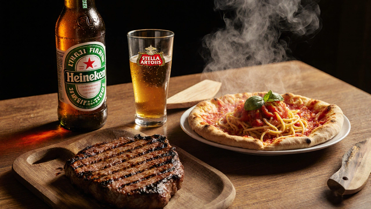Heineken bottle with grilled steak and Stella bottle with pizza and pasta on a table.