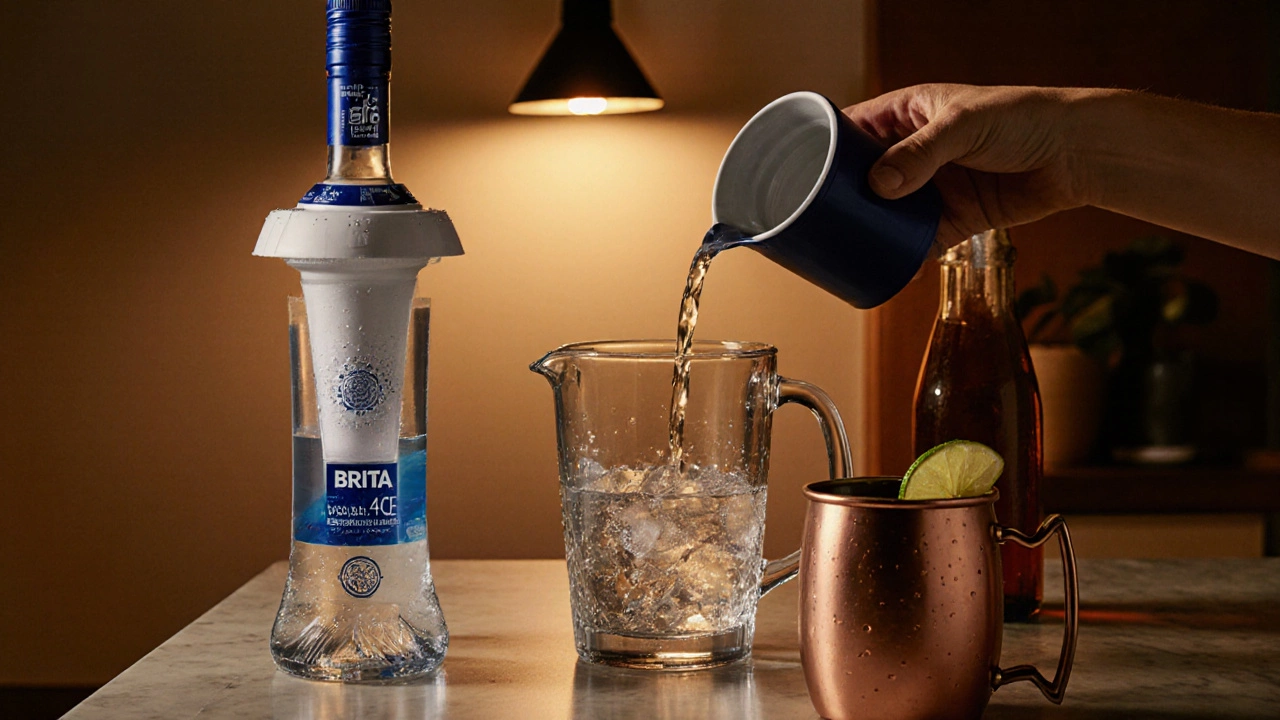 Home kitchen scene of chilled vodka filtered through a Brita pitcher into an amber bottle.