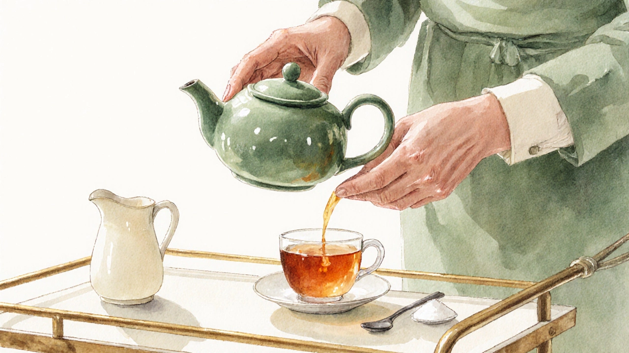 Host pours tea gracefully from a teapot, sugar spoon on the right side of the cup.
