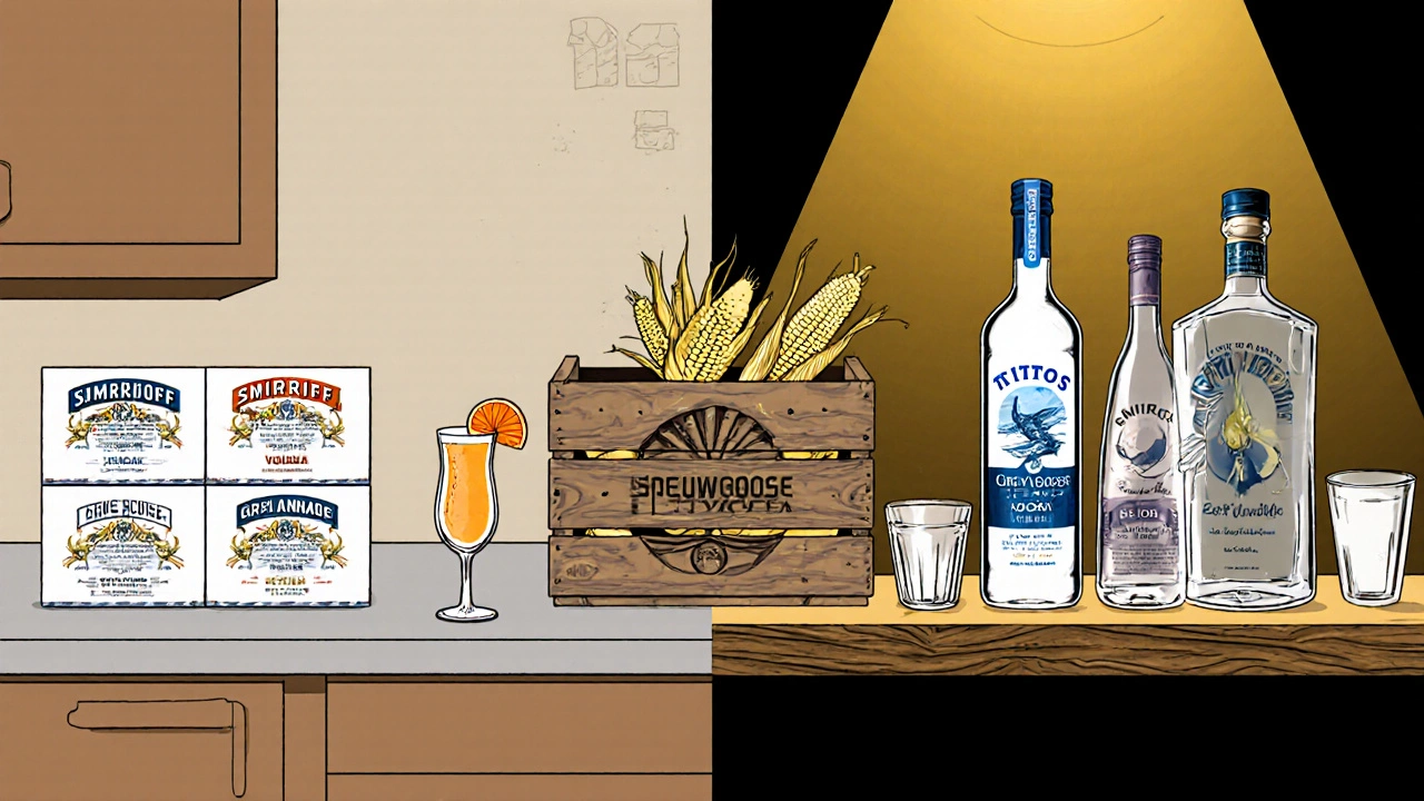 Illustrated split screen comparing economy and premium vodka brands.