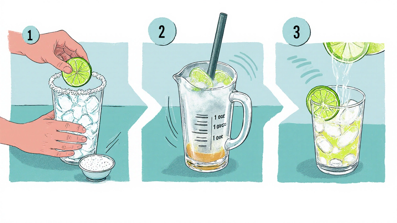 Illustrated steps of making a Margarita: rim salt, shake ingredients, strain into glass, garnish.