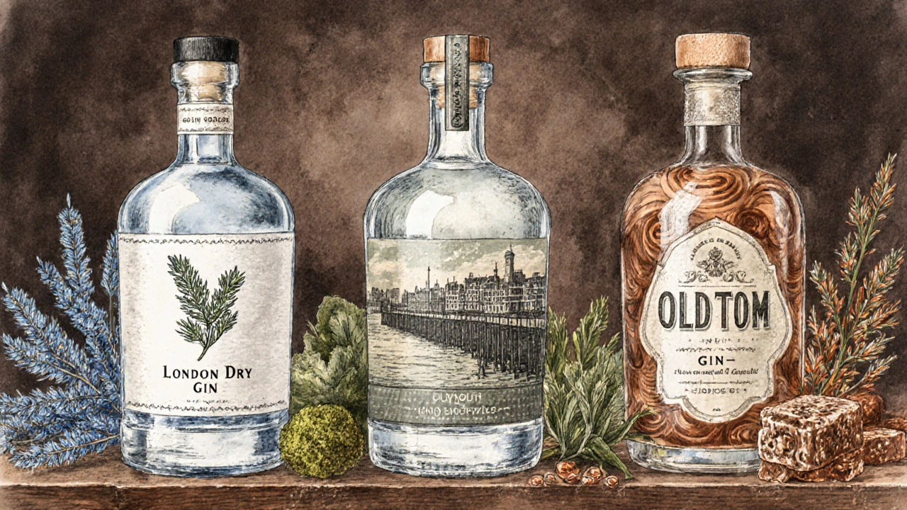 Illustration of London Dry, Plymouth, and Old Tom gin bottles with botanical accents.