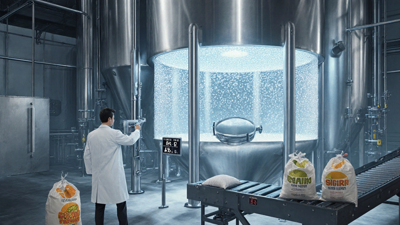 Industrial vat with bubbling liquid and sugar bags, showing hard seltzer production.
