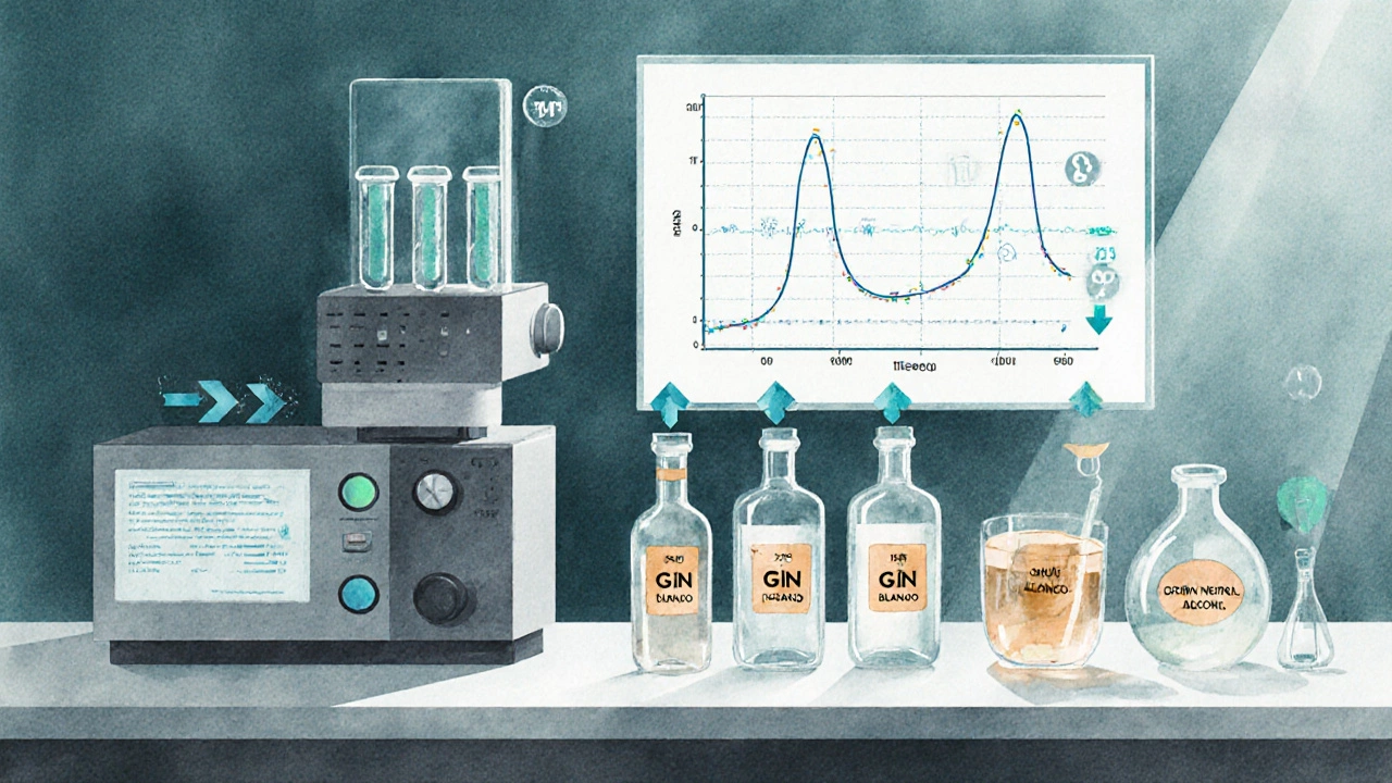 Laboratory scene with a gas chromatograph and spirit sample vials showing clean analysis.