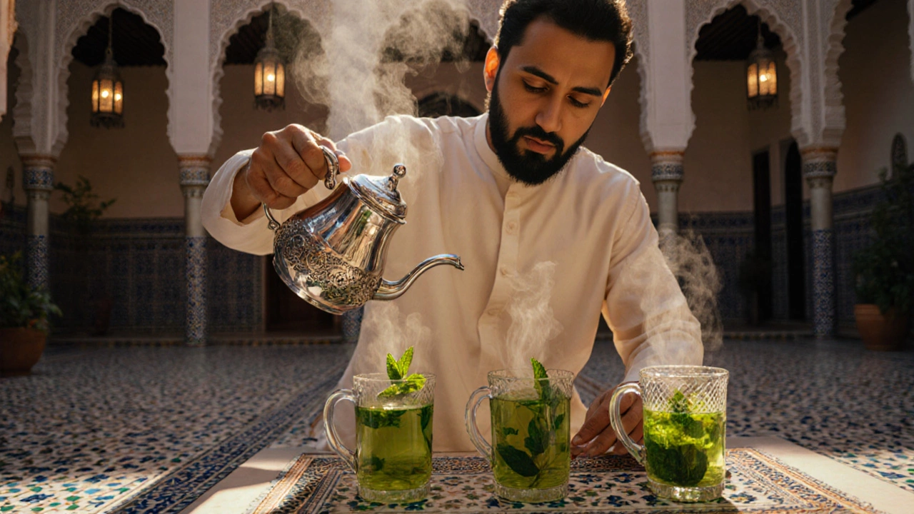 Moroccan mint tea being poured from a silver teapot into glass cups in a tiled courtyard.