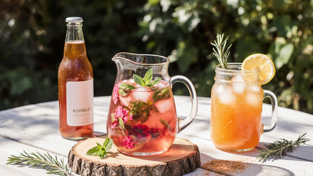 Patio table with herbal iced tea, kombucha, and carrot‑apple‑ginger juice.