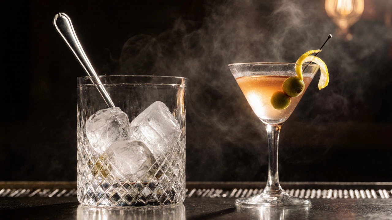 Photo of a mixing glass with ice, a chilled coupe, olive and lemon garnish.