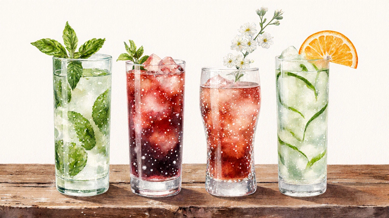 Row of five popular mocktails displayed on a wooden table.