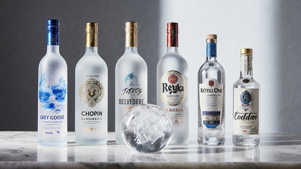 Seven premium vodka bottles with ice spheres on a marble bar, styled for a tasting display.