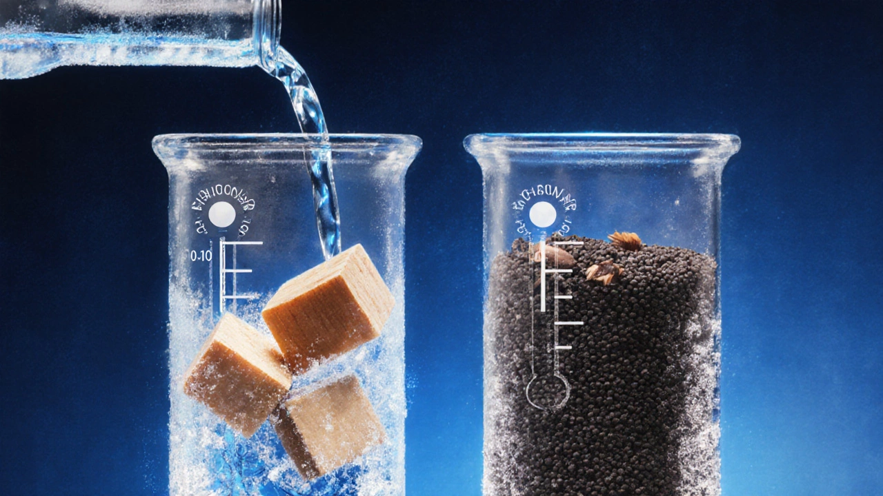 Side-by-side birch charcoal and coconut carbon filters with cold vodka flowing through.