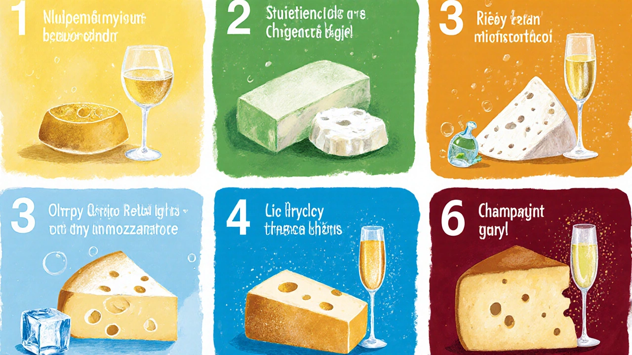Six illustrated panels each pairing a specific white wine with its matching cheese.