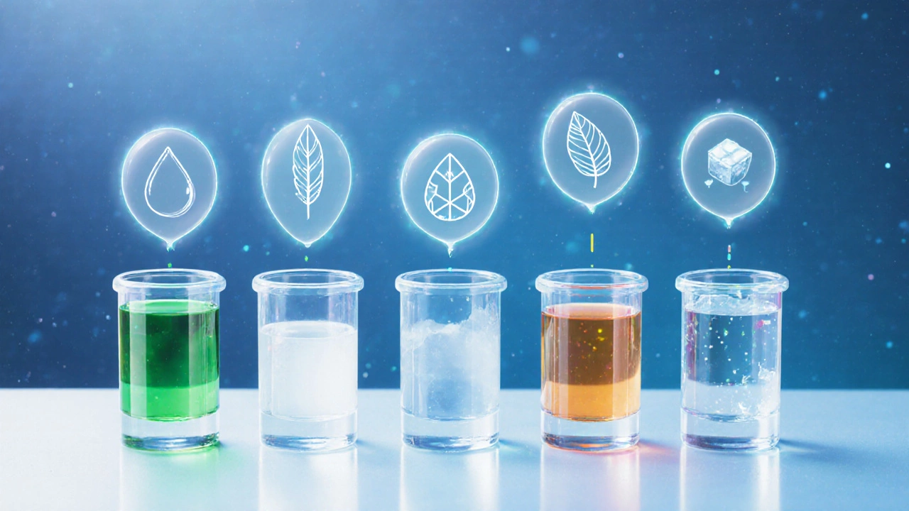 Stylized vials of drinks with icons representing health metrics floating above them.
