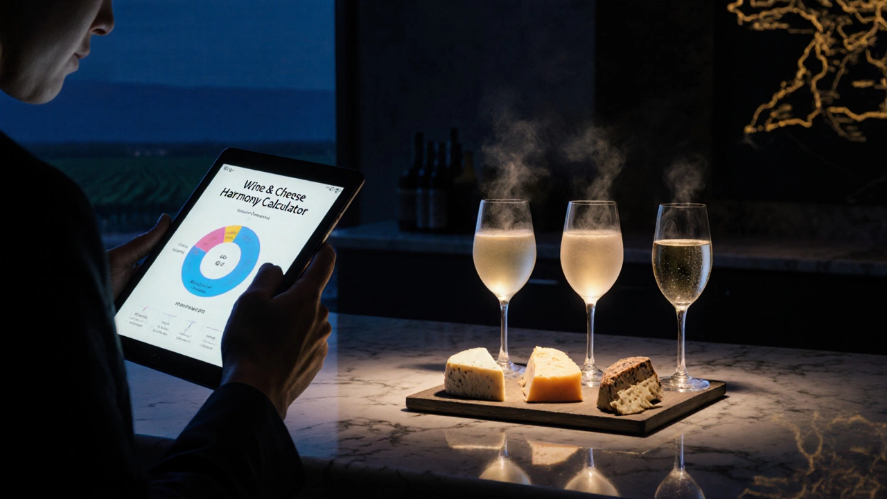Tasting room scene with a tablet calculator, wines at ideal temperatures, and paired cheeses.