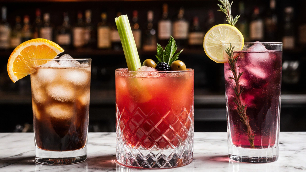Three mocktails: café tonic, virgin Mary, and berry‑shroom shrub on marble.
