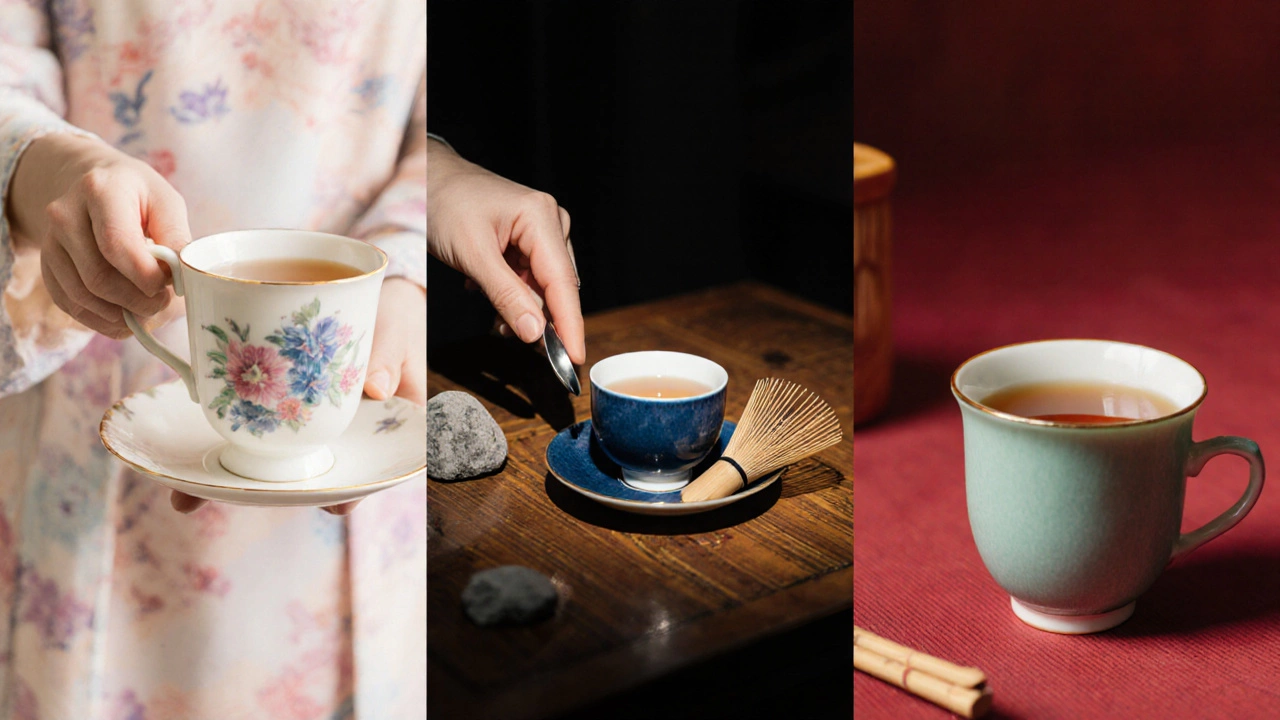 Three panels showing UK, Japanese, and Chinese tea etiquette with appropriate cup styles.