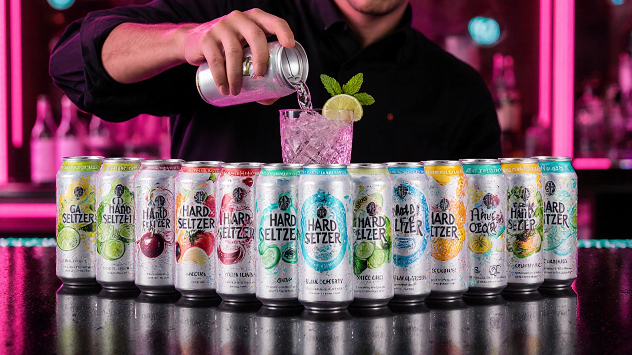 Variety of colorful hard seltzer cans and a bartender mixing a cocktail.