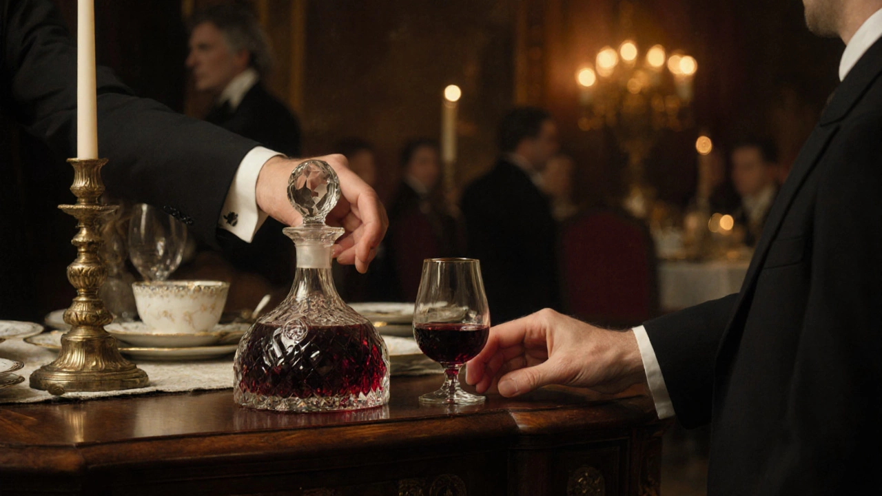 Vintage port being passed clockwise after dinner in a candlelit dining room.