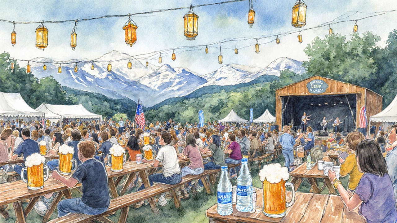 Watercolor scene of a lively New Hampshire beer festival with people, beer, and a water station.