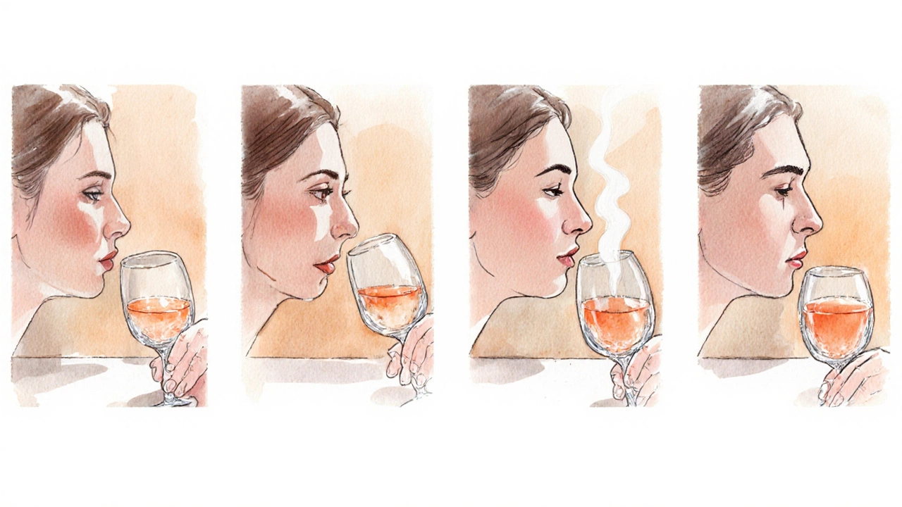 Watercolor steps of a person tasting wine, from sip to exhale.