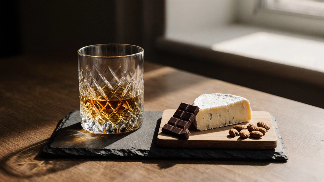 Whiskey glass with cheese, dark chocolate, and roasted almonds on a slate board in soft natural light.