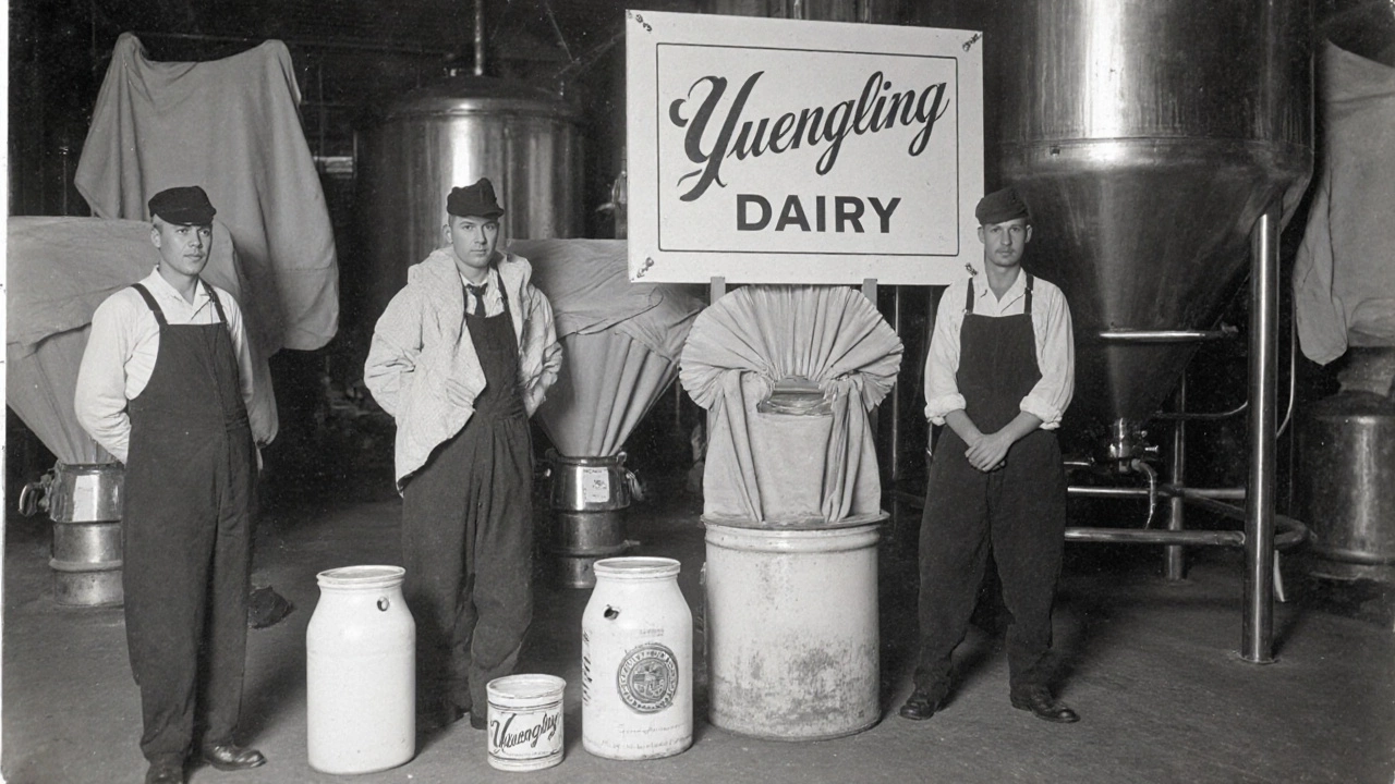 1920s Yuengling workers turning brewery into a dairy with milk cans and ice cream freezers.