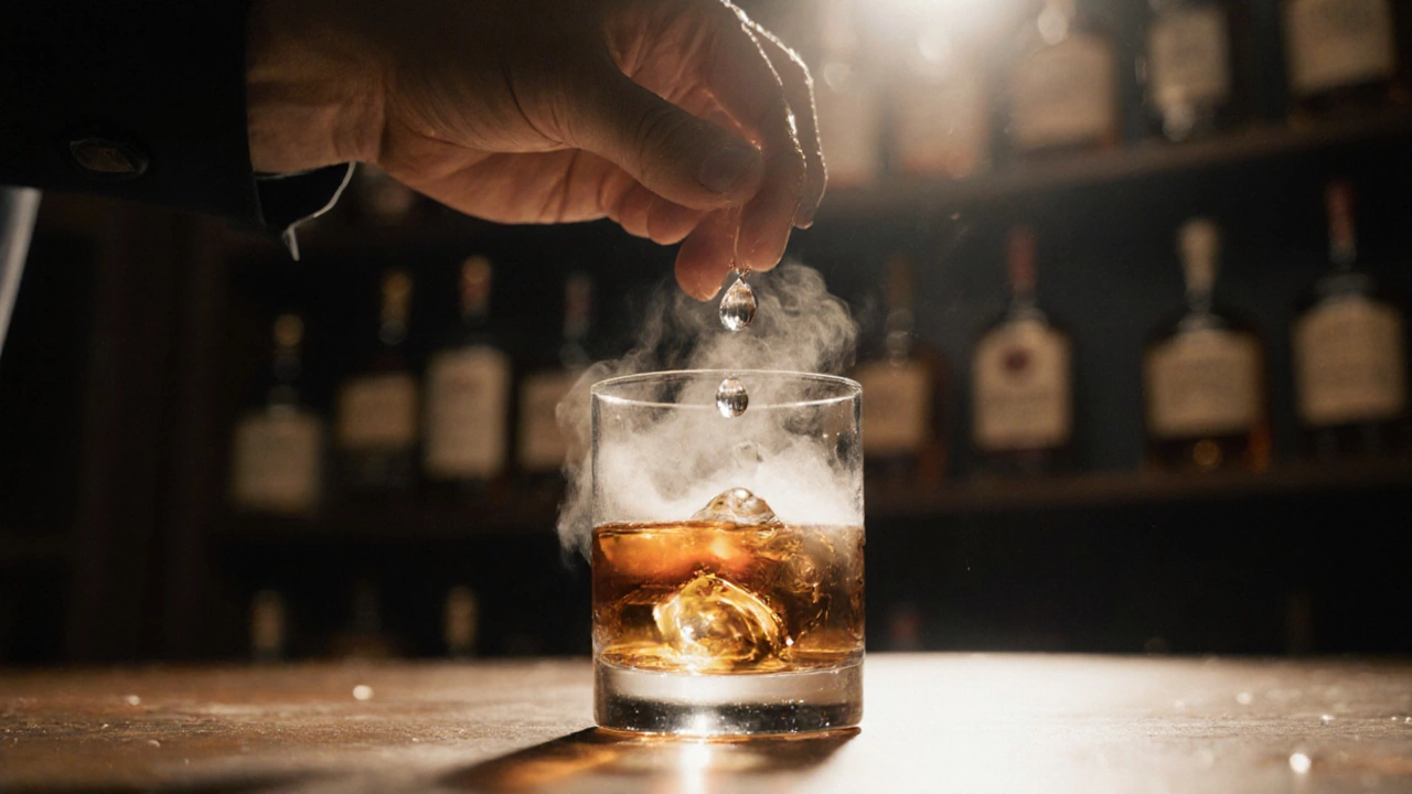 A hand adding water to whiskey, droplets falling slowly as light refracts through the liquid.