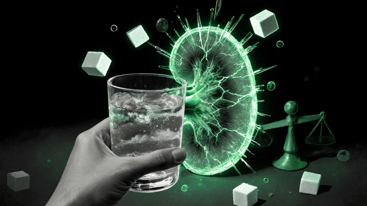 A person holding vodka as a cracked glass kidney looms behind them, symbolizing alcohol&#039;s cumulative kidney damage.