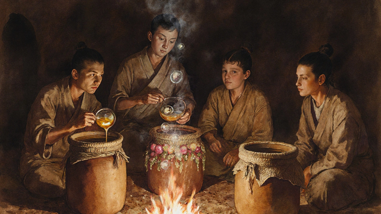 Ancient Chinese villagers fermenting rice, honey, and fruit in clay jars by firelight