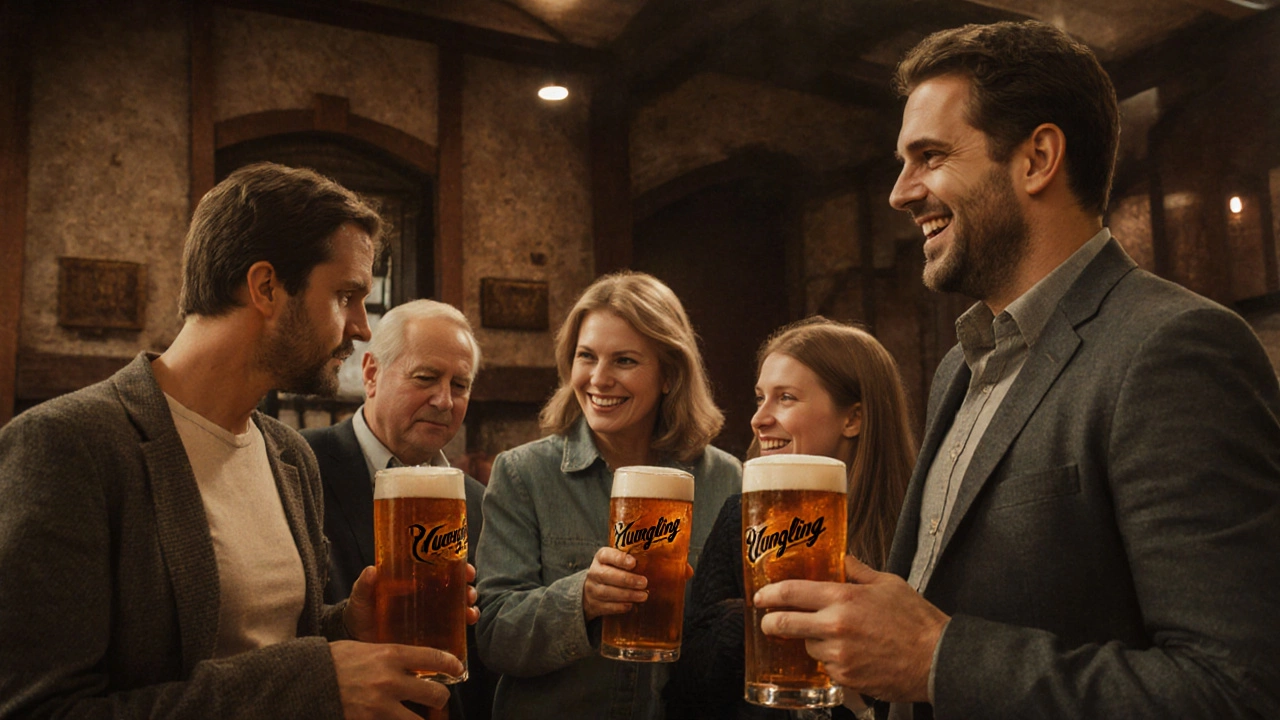 Family enjoying Yuengling lager at Pottsville brewery tour beside historic Rathskeller tasting room.