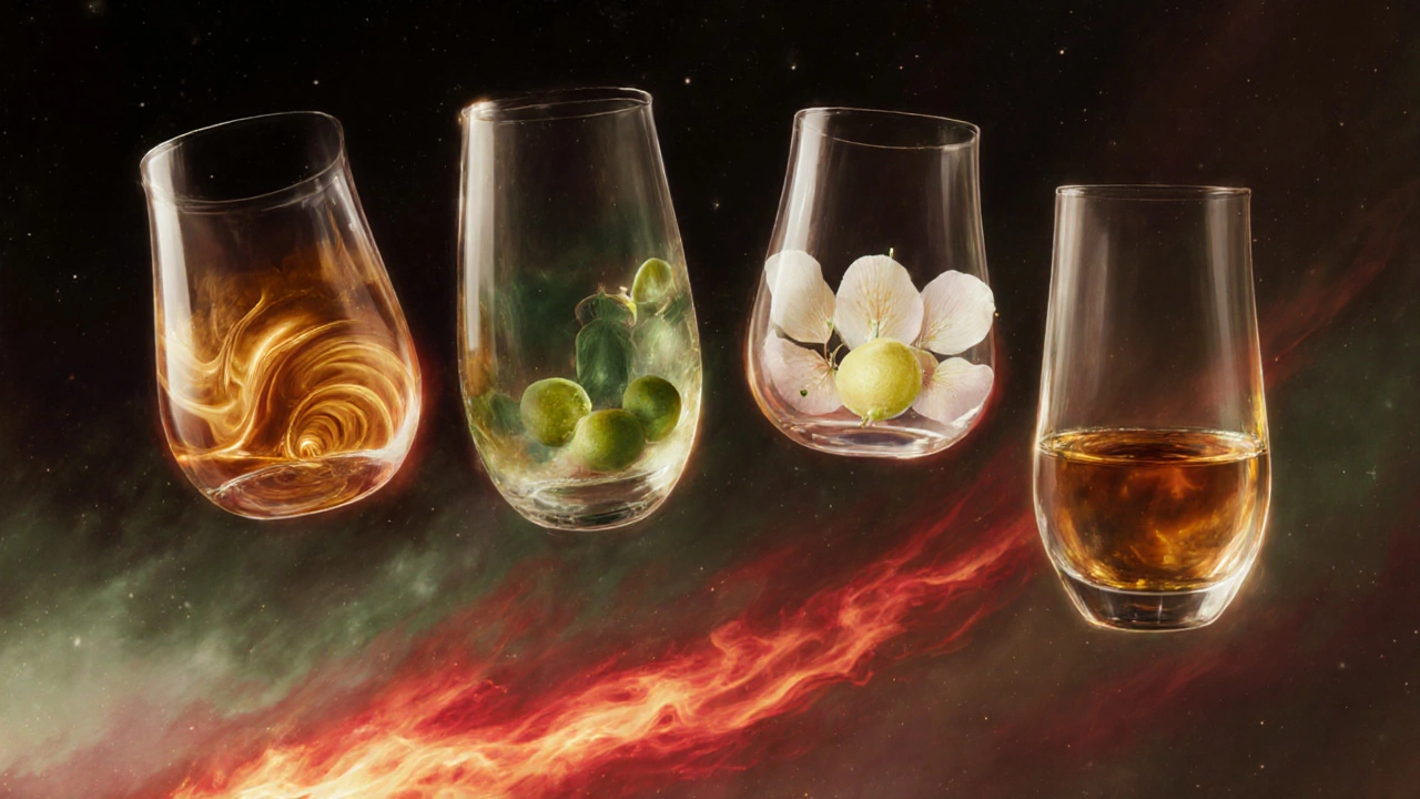 Four abstract representations of whiskey types: bourbon, Irish, Scotch, and Japanese, floating in a soft-hued space.