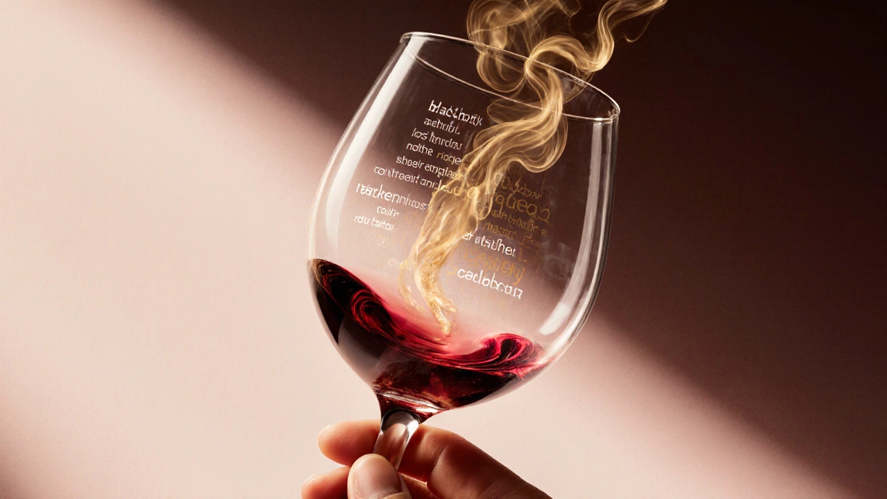 Hand swirling wine in a glass, with aromatic wisps rising from the liquid.