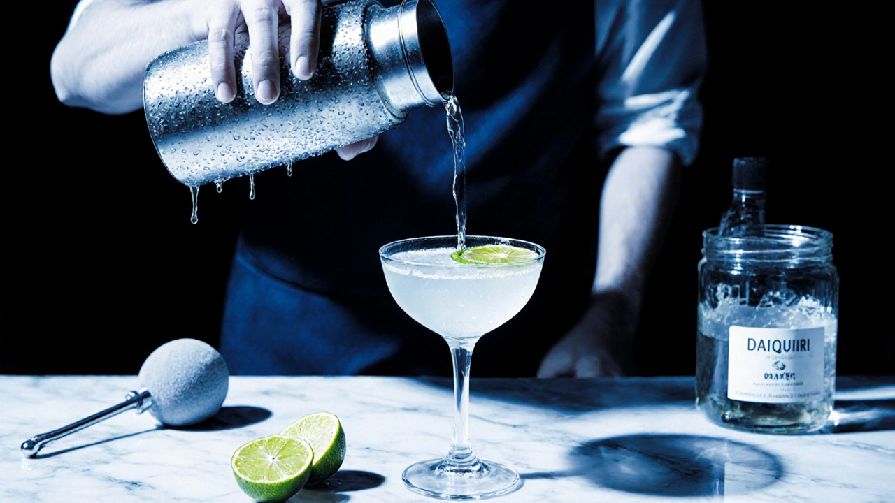 Hands shaking a cocktail shaker, fresh lime and muddler beside a poured Daiquiri in a coupe glass.